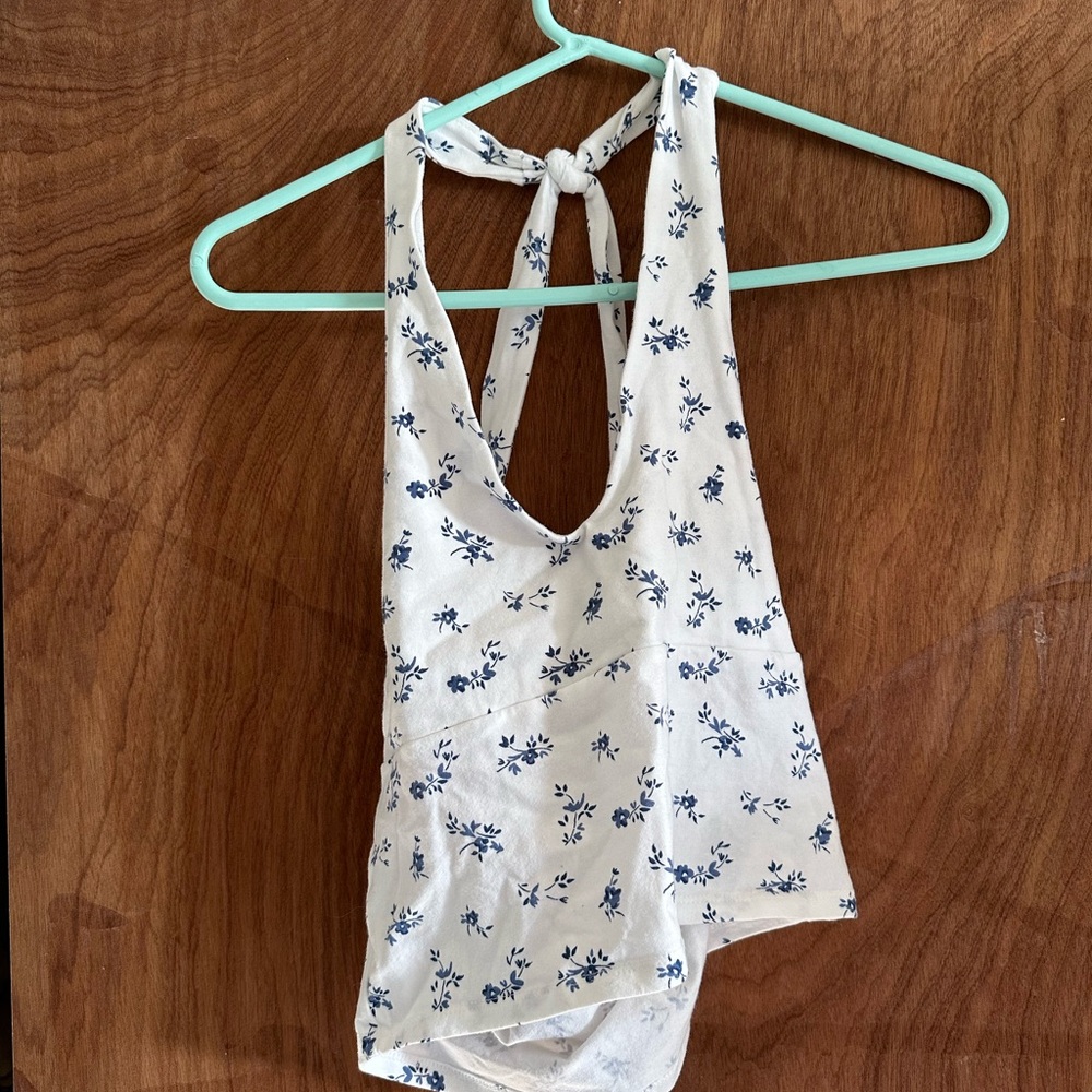 Hollister White and Blue Floral Halter Top